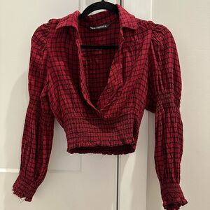 Zara Red and Black Plaid Cropped Flannel Long Sleeve